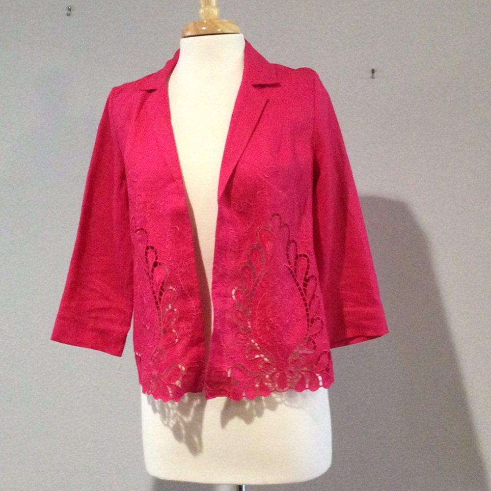 Chico's Hot Pink Cutout Linen Open Front Jacket Size 0/S/4